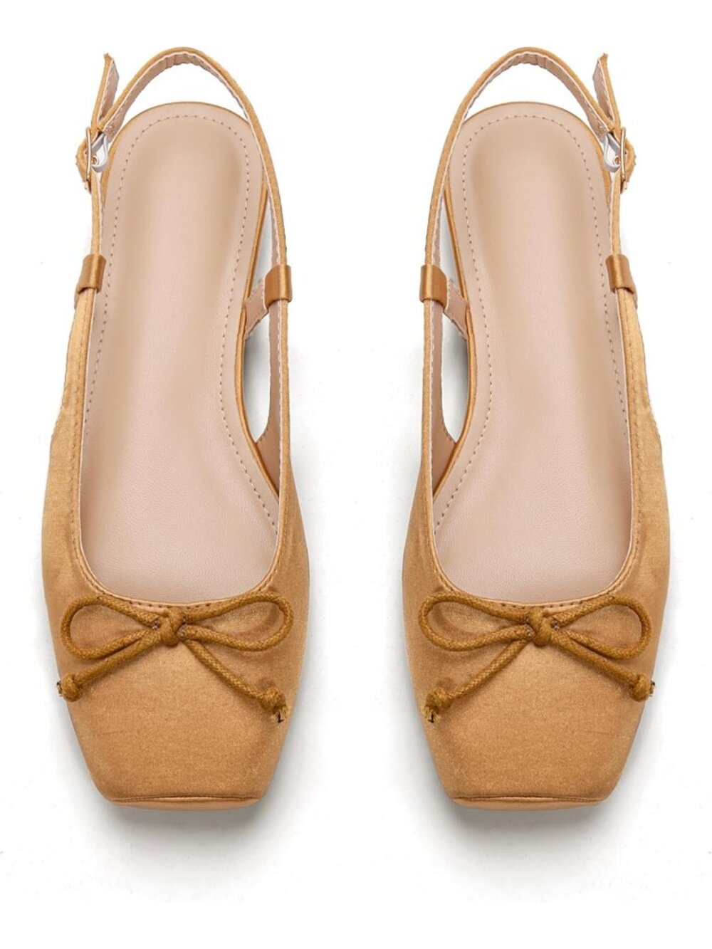 Women's Brown Slingback Square Toe Bow Knit Ankle Buckle Satin Ballet Flats